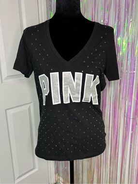 PINK Victoria’s Secret Black V-Neck Rhinestones & Silver Glitter Logo Tee Sz S
